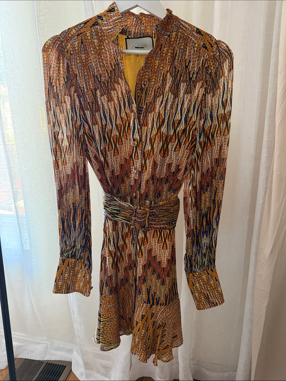 Alexis Multicolor Ikat-Print Long Sleeve Dress in Mustard and Brown - Picture 8 of 9